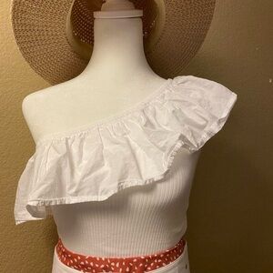Zara White One-Shoulder Ruffle Blouse